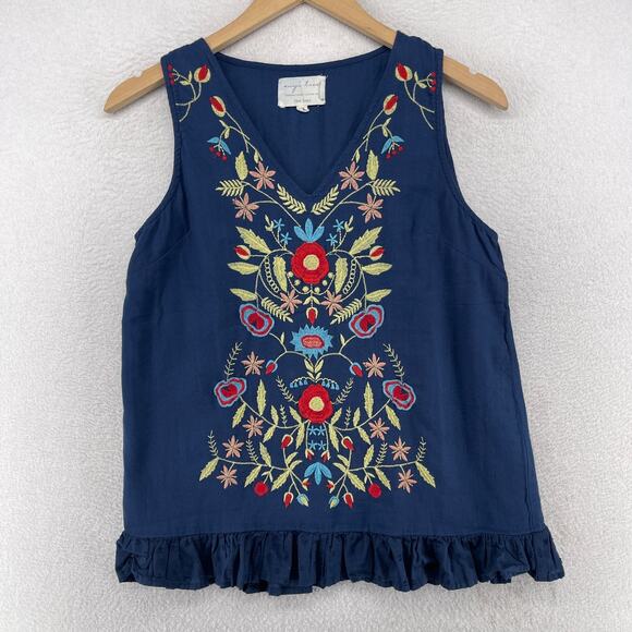 EVYS TREE Tank Top XS Loni Floral V-Neck Ruffle Hem Boho Peasant Cotton Blue - Picture 1 of 12